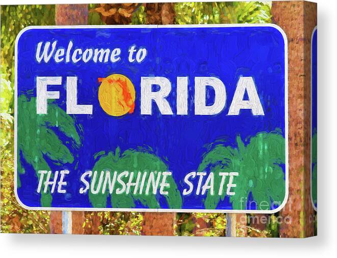 Welcome Canvas Print featuring the photograph Welcome To Florida Sign by Les Palenik