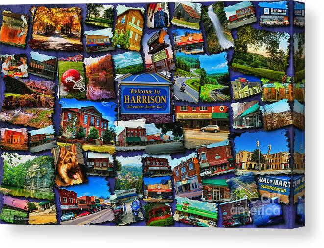 Harrison Canvas Print featuring the digital art Welcome to Harrison Arkansas by Kathy Tarochione