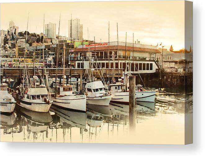 Wharf Boats Near End Of Day Canvas Print featuring the photograph Wharf Boats Near End of Day by Bonnie Follett
