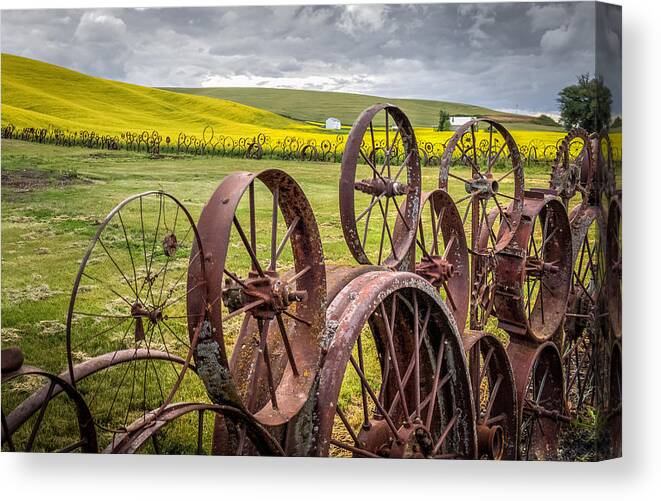 Wheel Canvas Print featuring the photograph Wheel Fence and Canola Field by Brad Stinson