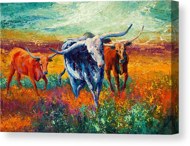 Long Horns Canvas Print featuring the painting When The Cows Come Home by Marion Rose