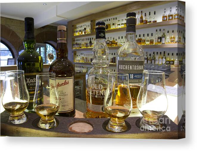 Illustrative Editorial Canvas Print featuring the photograph Whiskey Sampler by Karen Foley