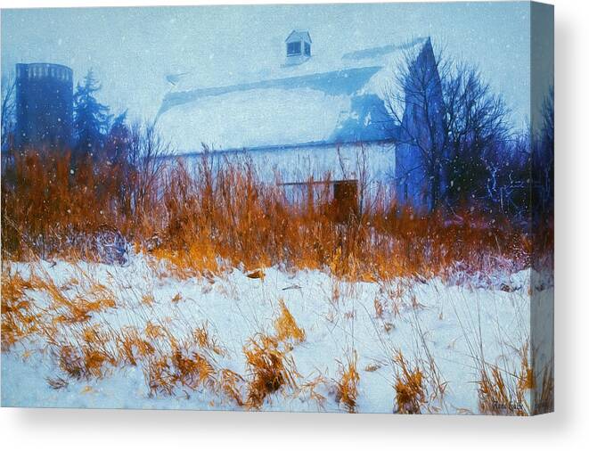 Barn Canvas Print featuring the photograph White Barn in Snowstorm by Anna Louise