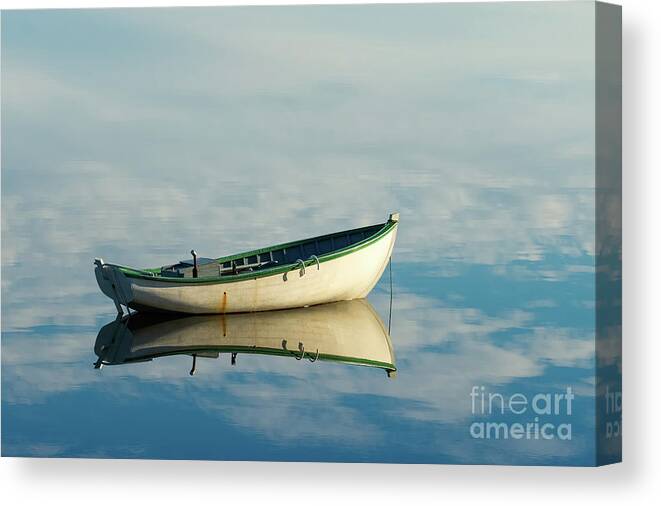 White Canvas Print featuring the photograph White boat reflected by Les Palenik