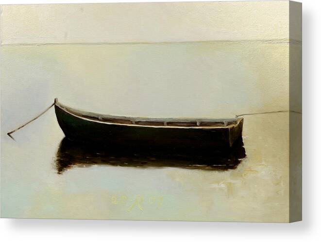 Landscape Boat Quiet Light Canvas Print featuring the painting White Day by Raimonda Jatkeviciute-Kasparaviciene 