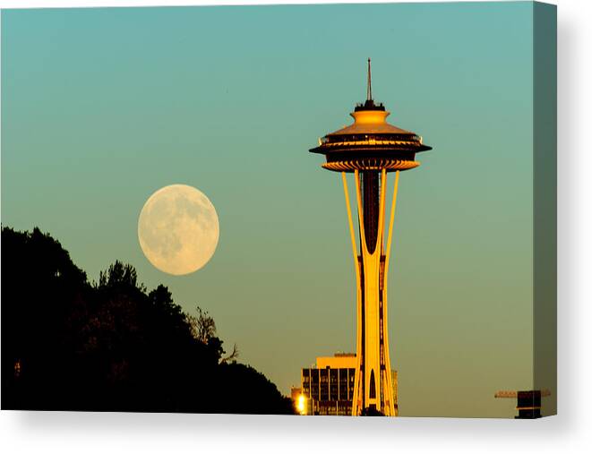 Landscape Canvas Print featuring the photograph White Full moon with Space Needle by Hisao Mogi