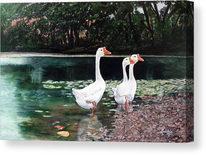 White Chinese Goose Canvas Print featuring the painting White Geese in Early Fall '07 by Leandria Goodman