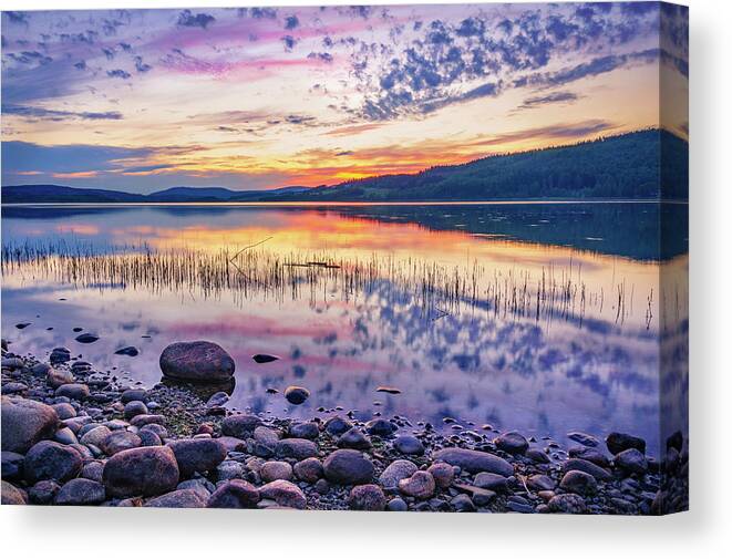 Europe Canvas Print featuring the photograph White night sunset on a Swedish lake by Dmytro Korol