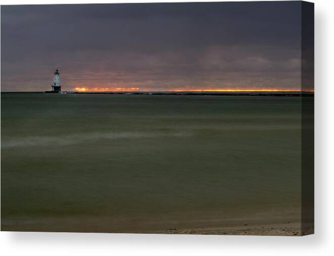 Ludington Mi Canvas Print featuring the photograph Wide View of Lighthouse and Sunset by Lester Plank