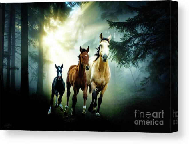 Wild Horses Canvas Print featuring the mixed media Wild Horses In The Woods by KaFra Art