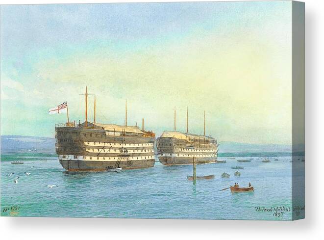 Beach Canvas Print featuring the painting William Frederick Mitchell , H.M.S. Excellent and H.M.S. Calcutta in Portsmouth Harbour, 1897 by William Frederick Mitchell