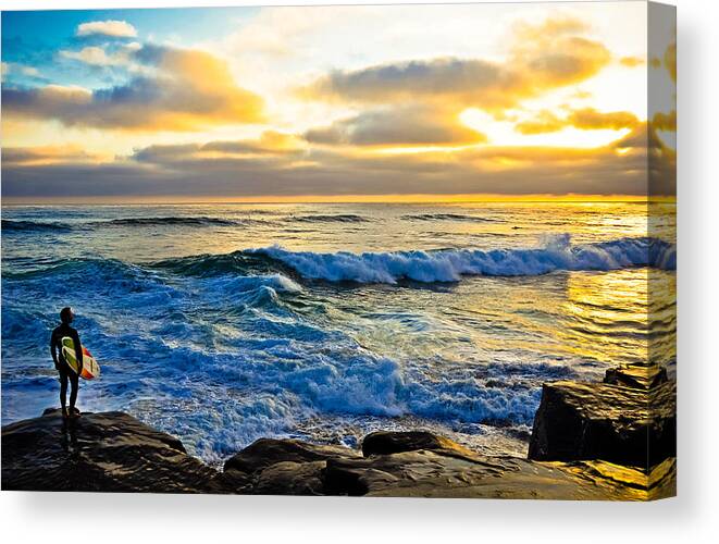 Surfer Beach La Jolla Windansea Ocean Sunset Waves Clouds Landscape Photography Canvas Canvas Print featuring the photograph Windansea Sunset Surfer by Kelly Wade