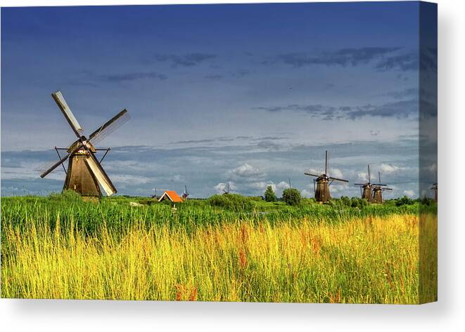 Kinderdijk Canvas Print featuring the photograph Windmills in Kinderdijk, Holland, Netherlands by Elenarts - Elena Duvernay photo