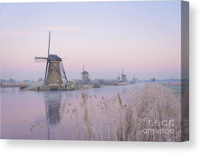 Windmills Canvas Print featuring the photograph Windmills in the Netherlands in the soft sunrise light in winter by IPics Photography