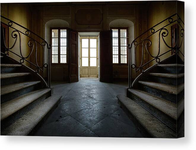 Castle Canvas Print featuring the photograph Window light on dark stairs by Dirk Ercken