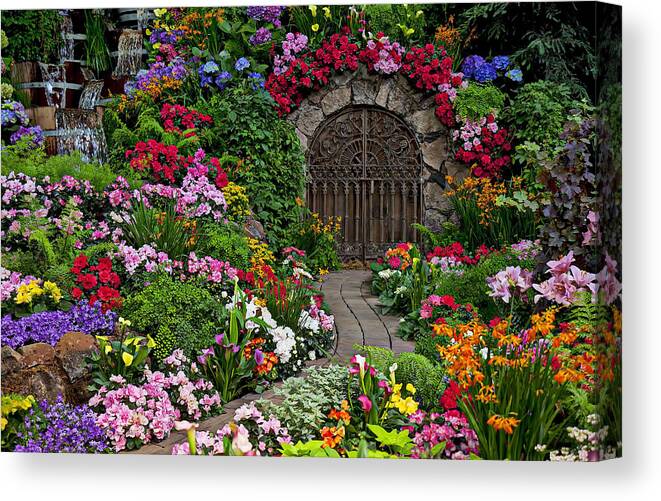 Flowers Canvas Print featuring the photograph Wine celler gates by Garry Gay