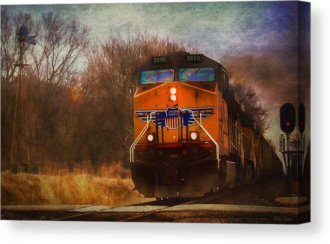 Union Pacific Canvas Print featuring the photograph Winter Evening Union Pacific Train by Anna Louise