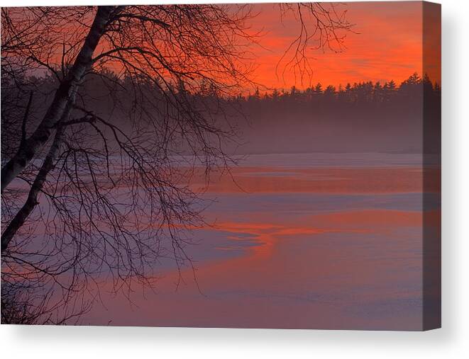 Winter Landscape Canvas Print featuring the photograph Winter Lake Mist At Twilight by Irwin Barrett