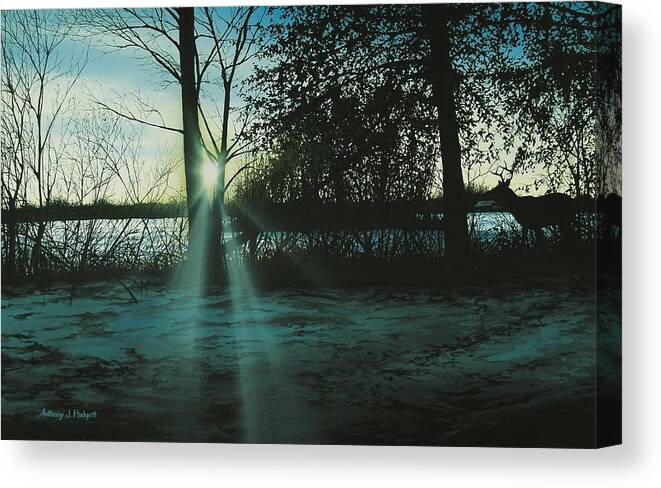Deer Canvas Print featuring the painting Winter's Evening Scout by Anthony J Padgett