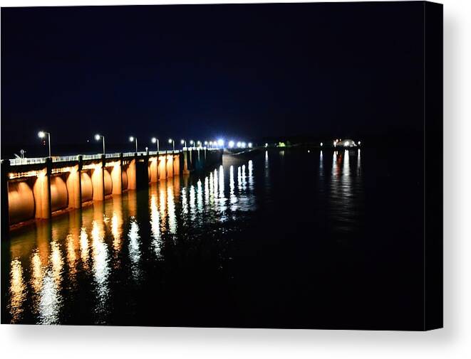 Nighttime Canvas Print featuring the photograph Wolf Creek Dam Nightlights Reflection by Stacie Siemsen