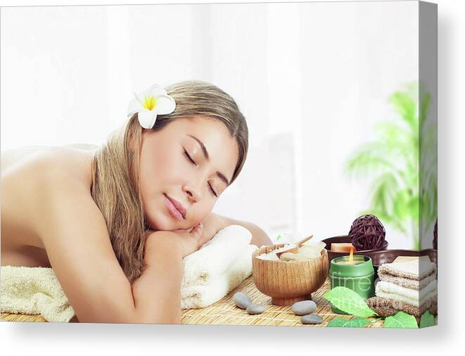 Adult Canvas Print featuring the photograph Woman relaxing at spa by Anna Om