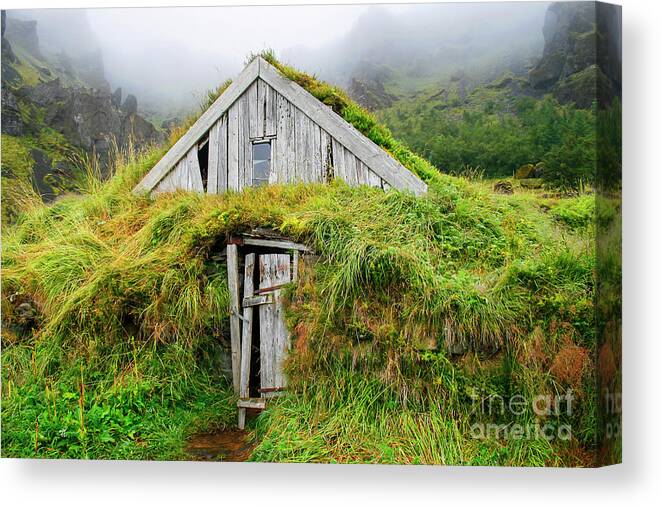 Iceland Canvas Print featuring the photograph Wooden house isolated with grass in Iceland by Patricia Hofmeester
