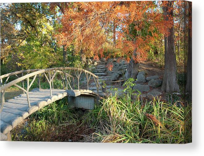 America Canvas Print featuring the photograph Woodward Park Bridge in Autumn - Tulsa Oklahoma by Gregory Ballos