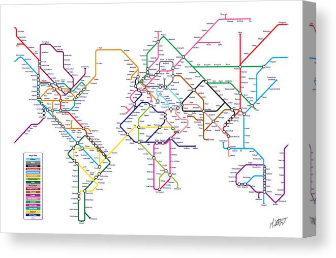World Map Canvas Print featuring the digital art World Metro Tube Subway Map by Michael Tompsett