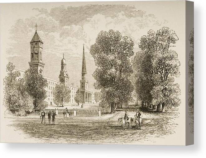 Center Canvas Print featuring the drawing Yale College, New Haven Connecticut In by Vintage Design Pics