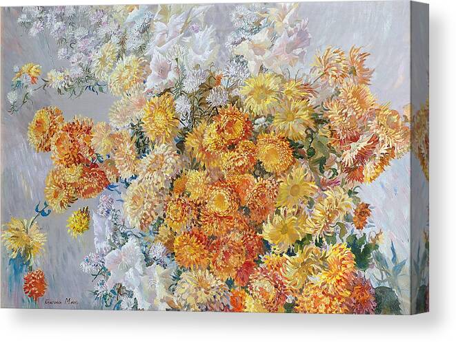 Maya Gusarina Canvas Print featuring the painting Yellow Chrysanthemum by Maya Gusarina