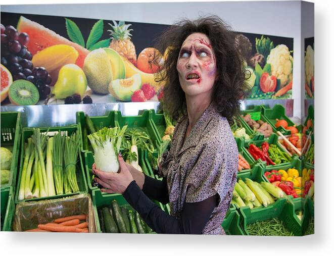 Zombie Canvas Print featuring the photograph Zombie woman shopping vegetables by Matthias Hauser