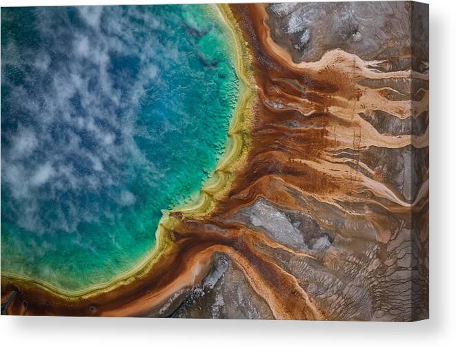Landscapes Canvas Print featuring the photograph Aerial View Of Grand Prismatic Spring #1 by Suranga Weeratuna