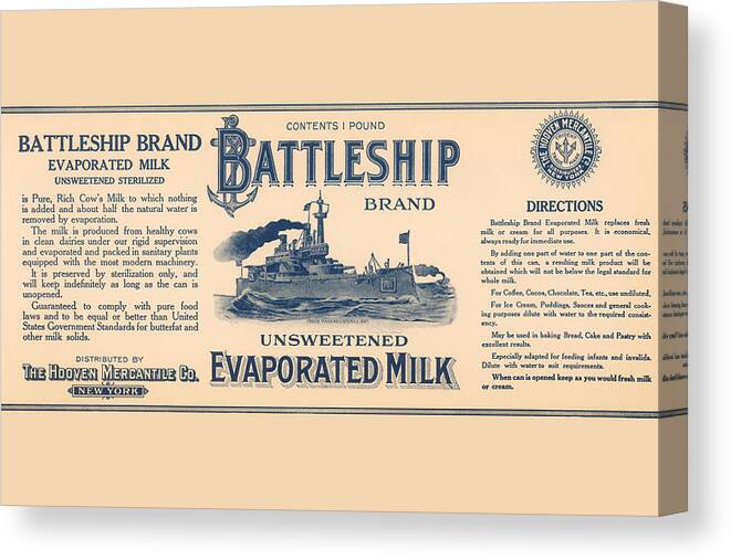 Milk Canvas Print featuring the painting Battleship Brand Unsweetened Evaporated Milk #1 by Unknown