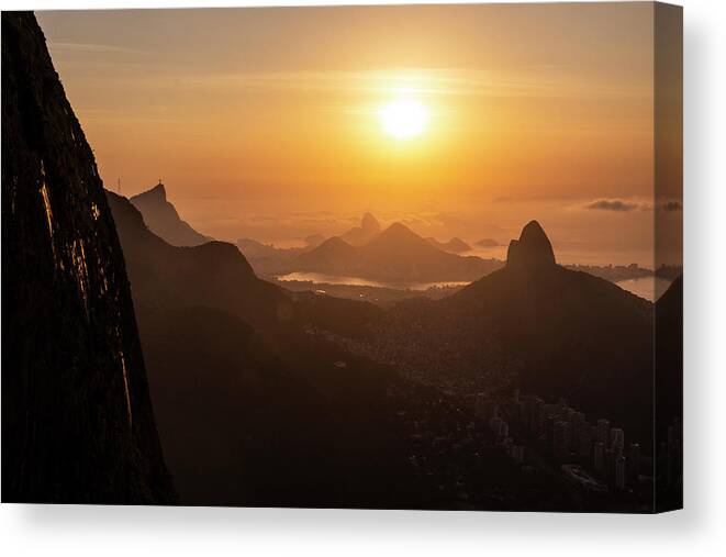 Atlantic Ocean Canvas Print featuring the photograph Beautiful Orange Sunrise View To Rainforest Mountains In Tijuca Park #1 by Cavan Images