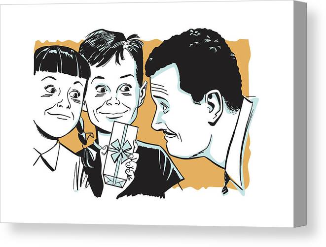 Adult Canvas Print featuring the drawing Boy and Girl Giving Gift to Their Father #1 by CSA Images