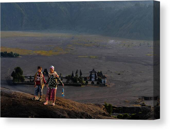 #people; #bromo; #volcano; #java; #indonesia; #documentary Photography Canvas Print featuring the photograph Bromo-early Morning Grandmother And Grandson #1 by Francisco Goncalves
