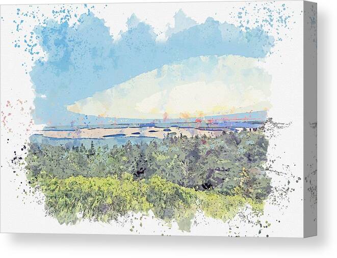 Nature Canvas Print featuring the painting Cadillac Mountain in Acadia National Park, Bar Harbor, United States - watercolor by Adam Asar #1 by Celestial Images