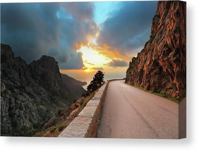 Tyrrhenian Sea Canvas Print featuring the photograph Coastal Road On The Island Of Corsica #1 by Akrp