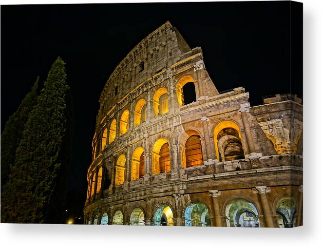 Colosseum At Night Canvas Print featuring the photograph Colosseum at Night II by Patricia Caron