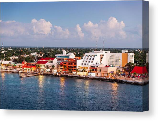 Landscape Canvas Print featuring the photograph Cozumel, Mexico Coastal Town Skyline #1 by Sean Pavone