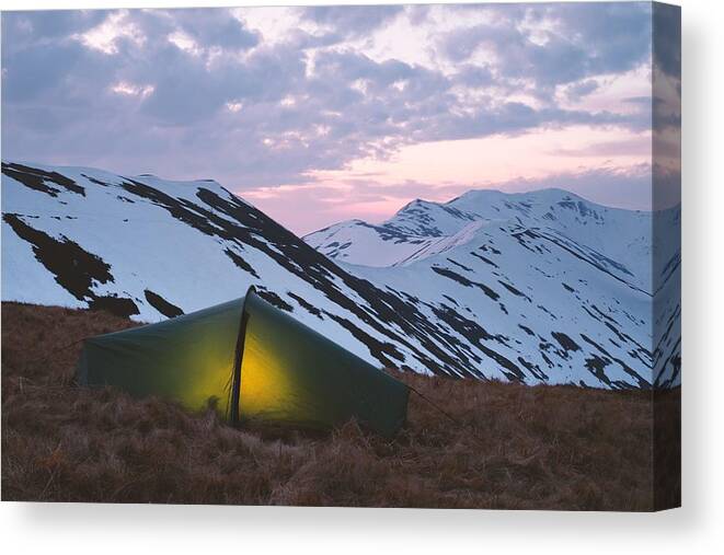 Landscape Canvas Print featuring the photograph Green Tent On Amazing Sunset Mountains #1 by Ivan Kmit