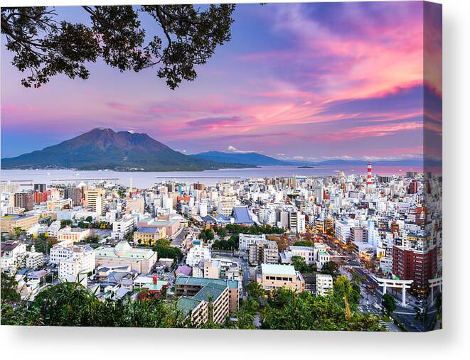 Cityscape Canvas Print featuring the photograph Kagoshima, Japan With Sakurajima #1 by Sean Pavone