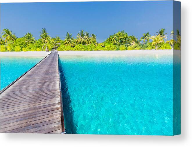 Landscape Canvas Print featuring the photograph Maldives Island Beach Panorama. Palm #1 by Levente Bodo