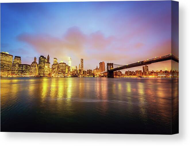 Lower Manhattan Canvas Print featuring the photograph Manhattan Skyline Brooklyn Bridge New #1 by Mlenny