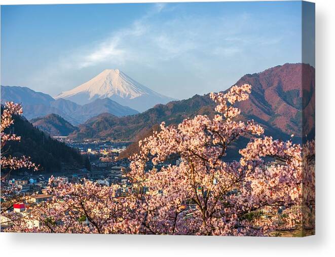 Landscape Canvas Print featuring the photograph Otsuki, Japan Cityscape With Mt. Fuji #1 by Sean Pavone