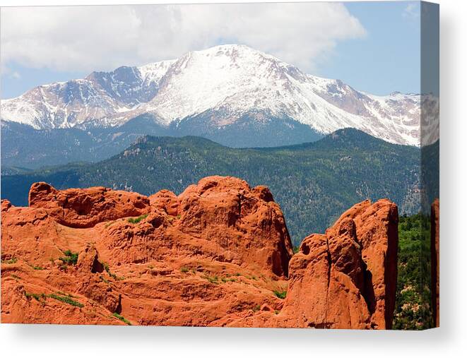 Snow Canvas Print featuring the photograph Pikes Peak And Garden Of The Gods #1 by Swkrullimaging