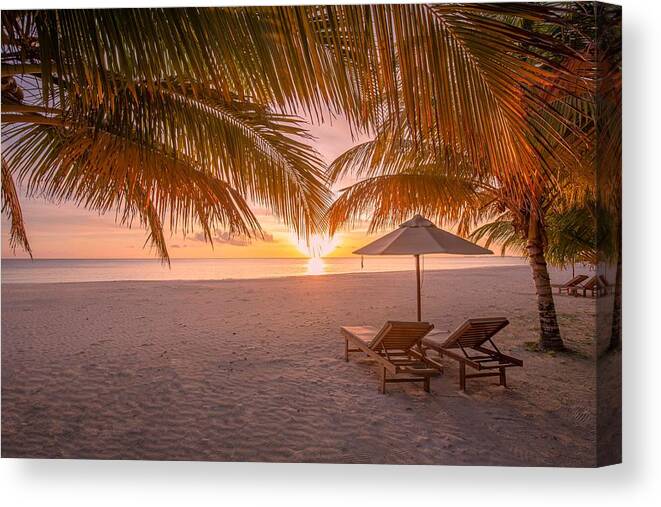 Landscape Canvas Print featuring the photograph Stunning Sunset Beach Scene. Chairs #1 by Levente Bodo