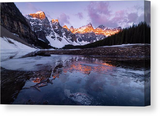 Sunrise
Moraine Lake
Canada
Banff
Reflection
Rocky Mountains Canvas Print featuring the photograph Sunrise At Moraine Lake #1 by Jenny L. Zhang ( ???
