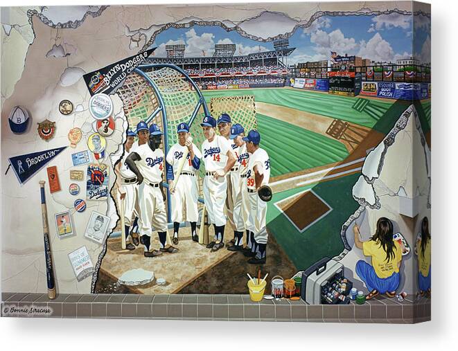 Baseball Canvas Print featuring the painting The Brooklyn Dodgers in Ebbets Field #1 by Bonnie Siracusa