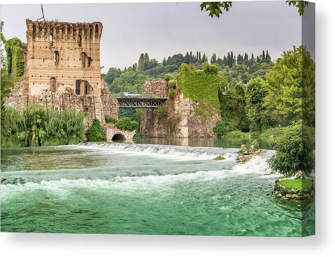 Borghetto Canvas Print featuring the photograph Waters and ancient buildings of Italian medieval village #1 by Vivida Photo PC